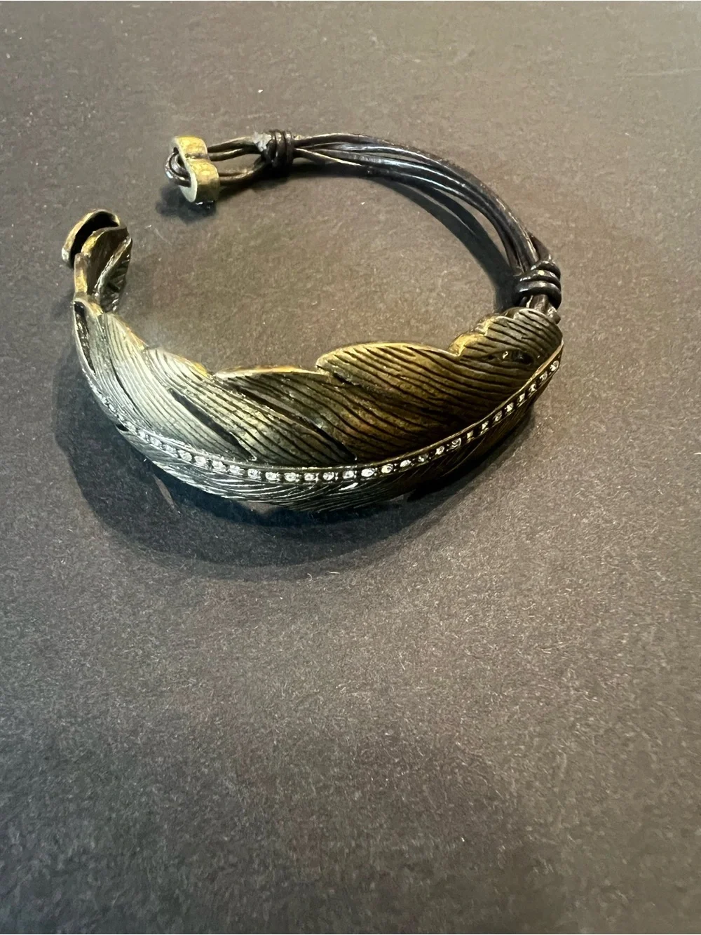 Fossil Bronze Feather Bracelet with Rhinestone Accent